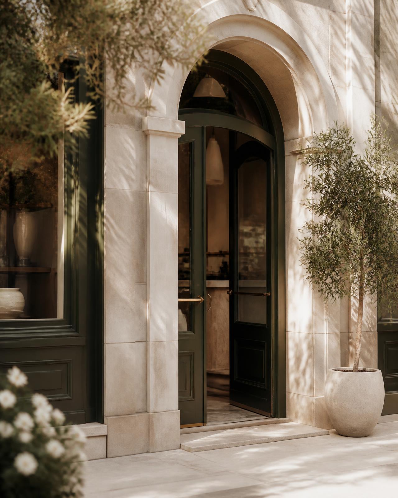 A refined storefront entrance with a stone arch and brass door hardware